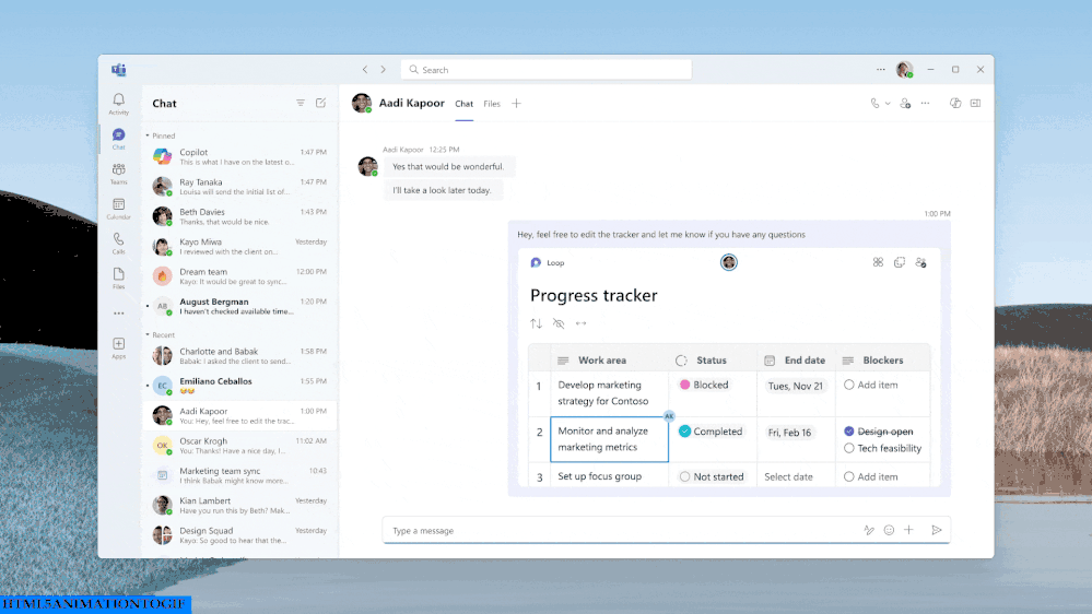 An animated gif demonstrating Loop components pasted in a Teams chat and on a OneNote canvas being edited and syncing in real time.