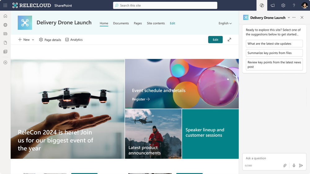 Example of a built-in, custom copilot on a SharePoint communication site – created in a few clicks: Select "Create a copilot" and choose the folders or files that you want your copilot scoped to. The copilot will reason over only this content when providing responses.