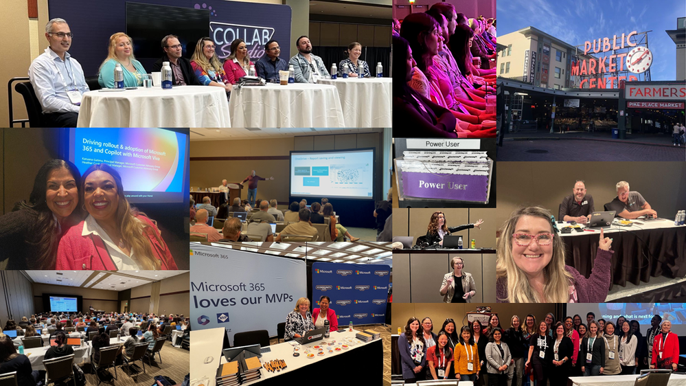 Collage: Several photos taken throughout the week in Seattle, WA – from breakout sessions, the D&I lunch, and some of the activity in the Expo Hall.