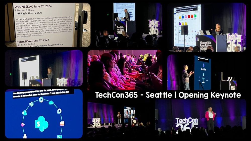 Collage: Several images from the opening TechCon365 keynote delivered in Seattle, WA | June 5, 2024.
