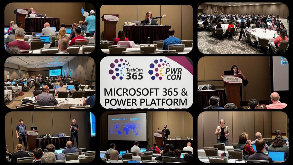 Collage: Several photos throughout the workshop days – covering topics like getting ready for Copilot, the SharePoint-powered intranet, Power BI, and Microsoft 365 extensibility.