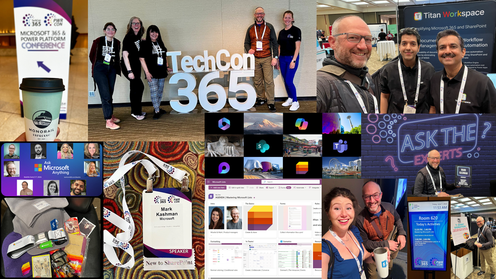 Collage: Several photos throughout the week of activities Mark Kashman participated in: Being an “expert” at the Ask the Experts booth, delivering the “Mastering Microsoft Lists” session with Miceile Barrett, meeting with partner – Titan Workspace – in the Expo Hall, and whooping it up in general – with a special shoutout to the TechCon365 event team – such good work granting us all a wonderful space and time.