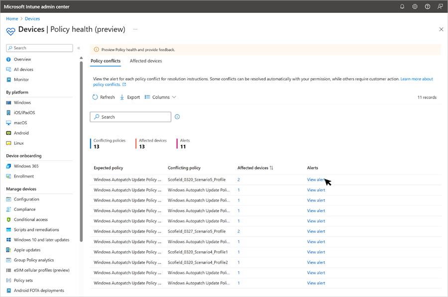 Screenshot of the preview of the new policy health experience in the Intune admin center.