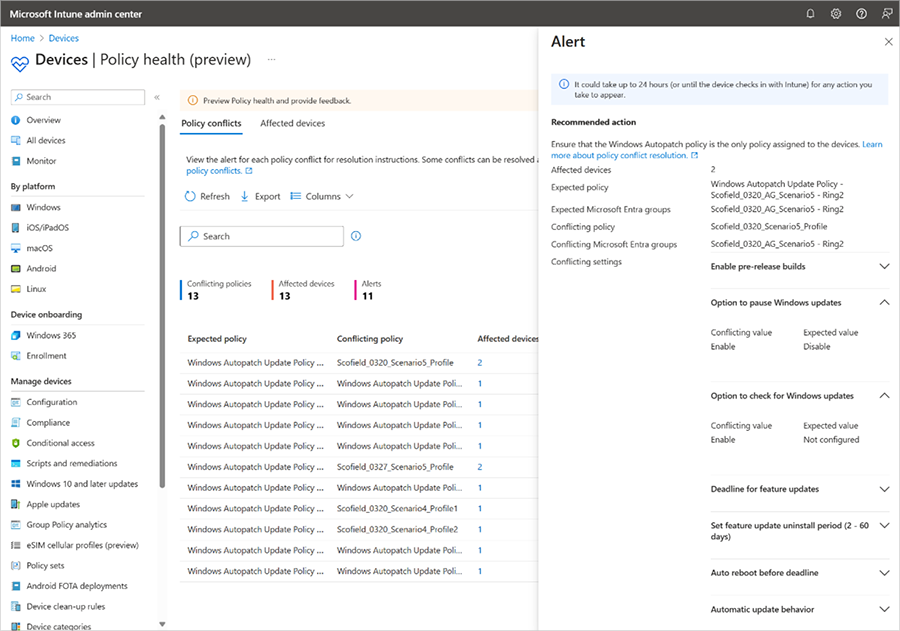 Screenshot of the preview of policy health conflict reporting and alert details in the Intune admin center, which include recommended actions for alerts.