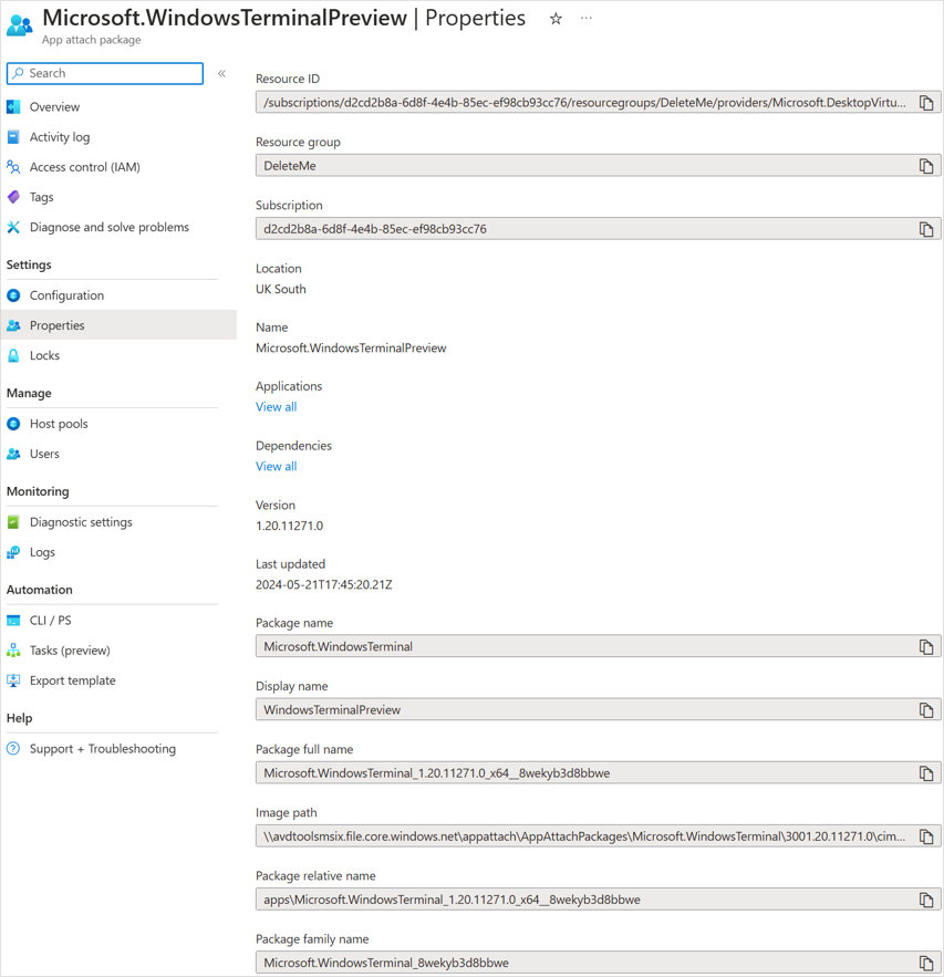 Screenshot of the new Azure Portal UI for app attach.