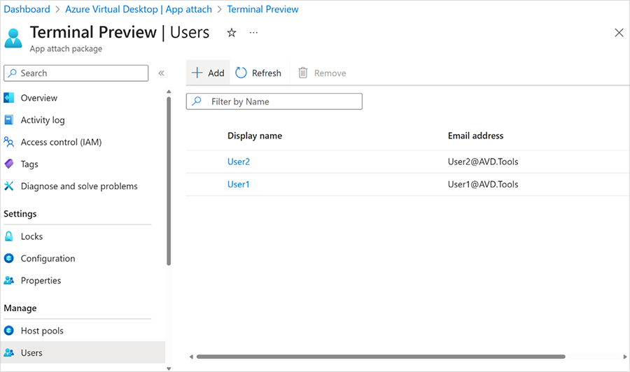 Screenshot of the new Azure Portal UI for assigning users for an app attach package.