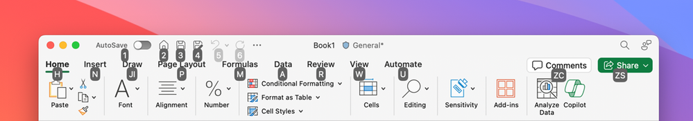 KeyTips preview on the ribbon tab
