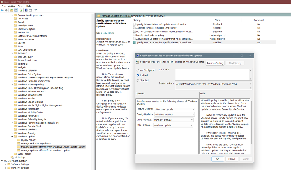 05 MANAGE UPDATES OFFERED FROMM WINDOWS SERVER UPDATE SERVICE Specify source service for specific classes of Windows Updates.png