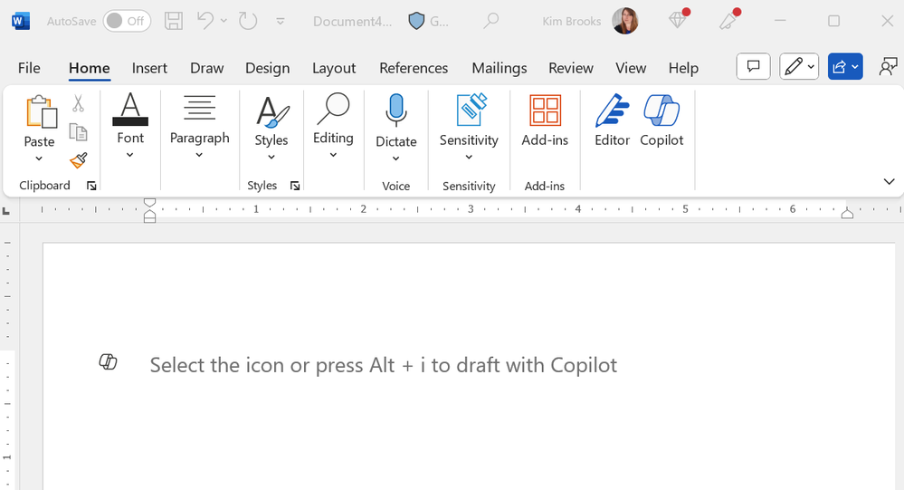 A blank document in Microsoft Word displaying the “Draft with Copilot” prompt.