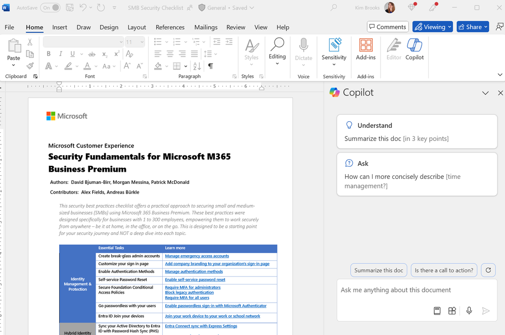 An example of a security checklist document in Microsoft Word with the Copilot pane displayed on the right side.