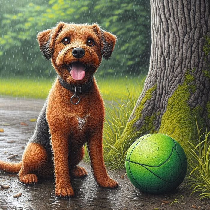 An AI-generated image of a dog with a green ball next to a tree created using Microsoft Copilot Designer.