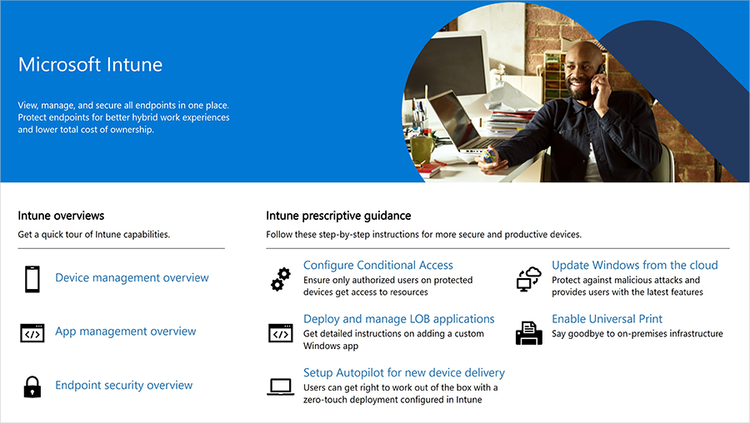 Screenshot of the Microsoft Intune guide to the landing page.