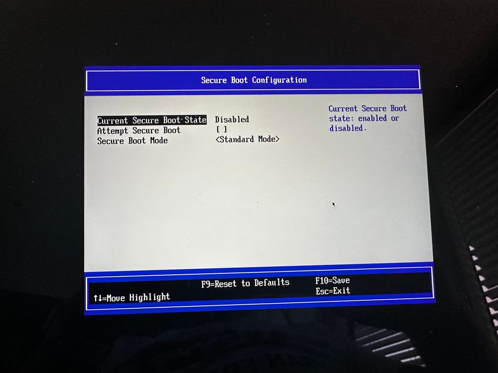secure disabled and choose custom mode for "secure boot mode" ( not figure on the screenshot)