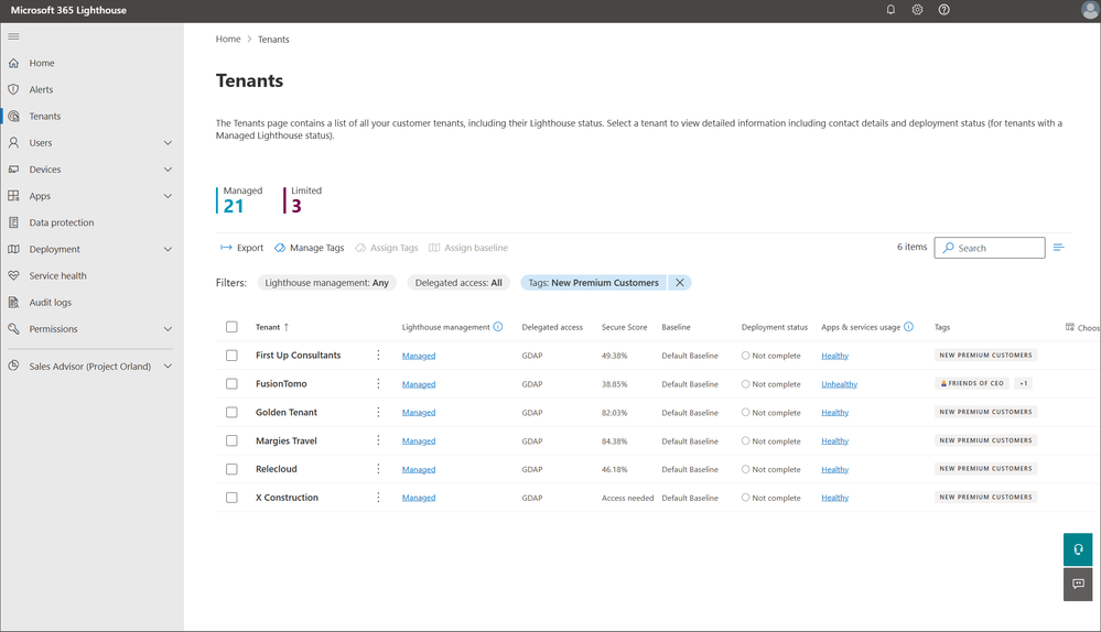 Screenshot of the Tenants page in Microsoft 365 Lighthouse showing multi-tenant insights, including Microsoft Secure Score and apps and services usage.