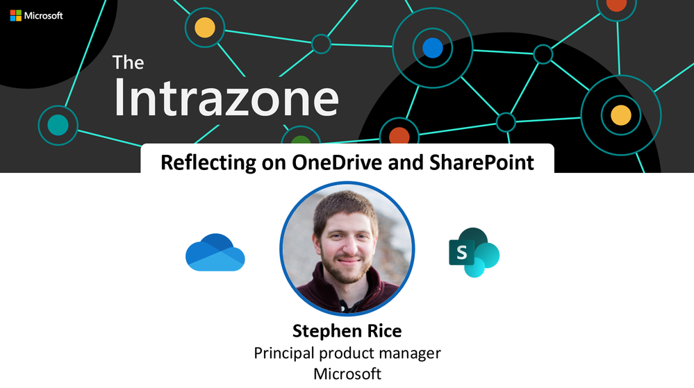 Main graphic for the "Reflecting on OneDrive and SharePoint" episode of The Intrazone, with guest, Stephen Rice from the Microsoft OneDrive product team.