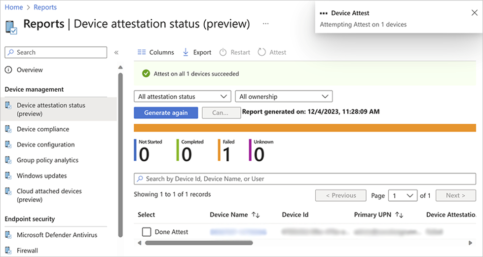 Screenshot of the preview of the device attestation status report in the Intune admin center listing the name, ID, and primary UPN of a device that failed device attestation.
