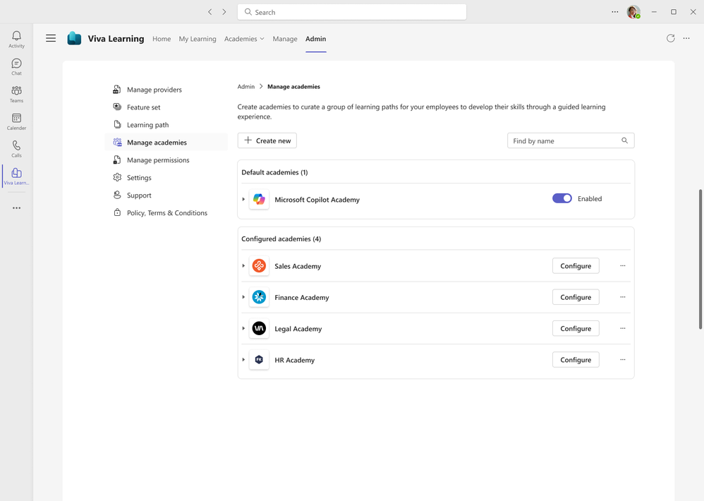 A screenshot sowing the Viva Learning interface with Microsoft Copilot Academy showing as enabled.