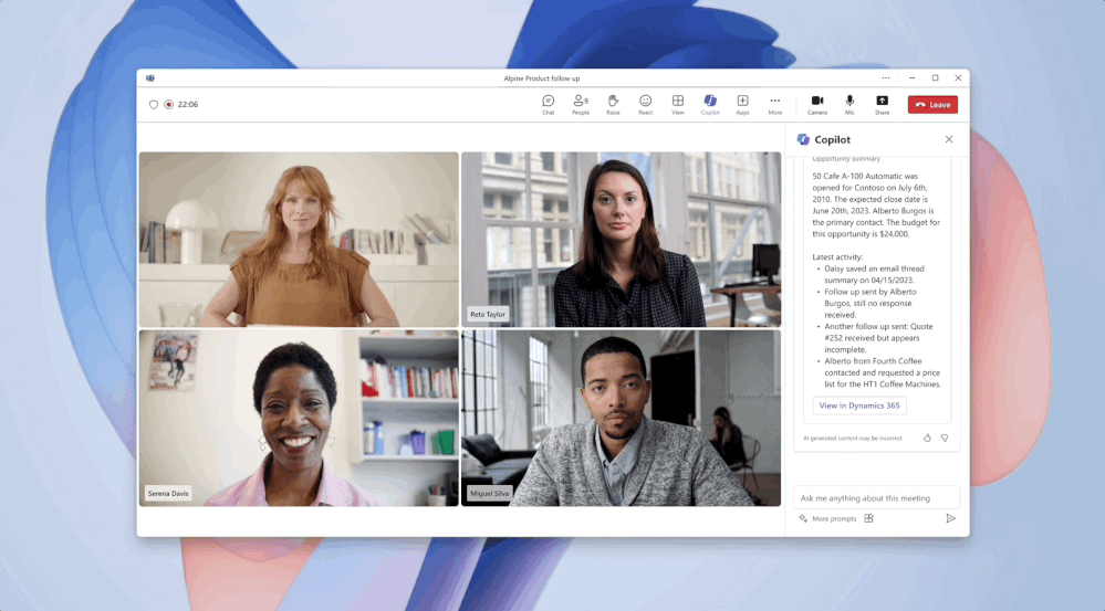 A video of a computer screen showing a Microsoft Teams meeting with the Copilot side pane open, returning account information.