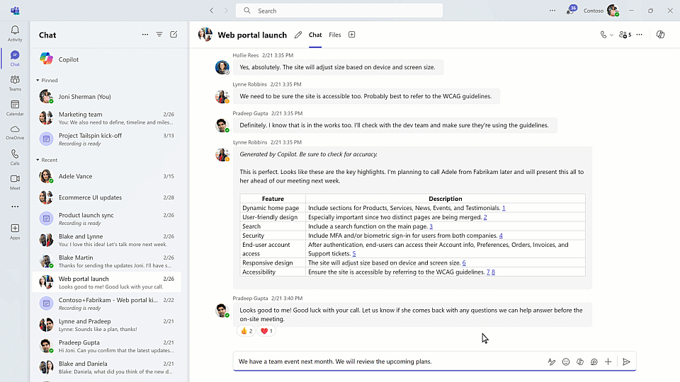 A video of a computer screen showing a chat in Microsoft Teams with the mouse clicking on the Copilot icon and selecting the option called custom.