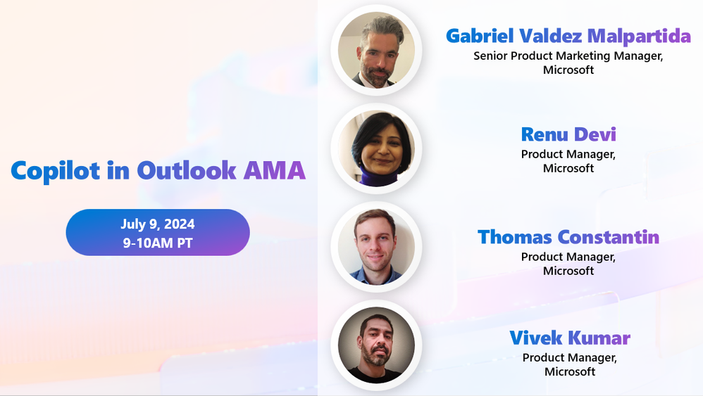 Promotional graphic for an Ask Microsoft Anything session on Copilot in Outlook featuring four Microsoft employees with their names and roles, along with the event’s date and time.