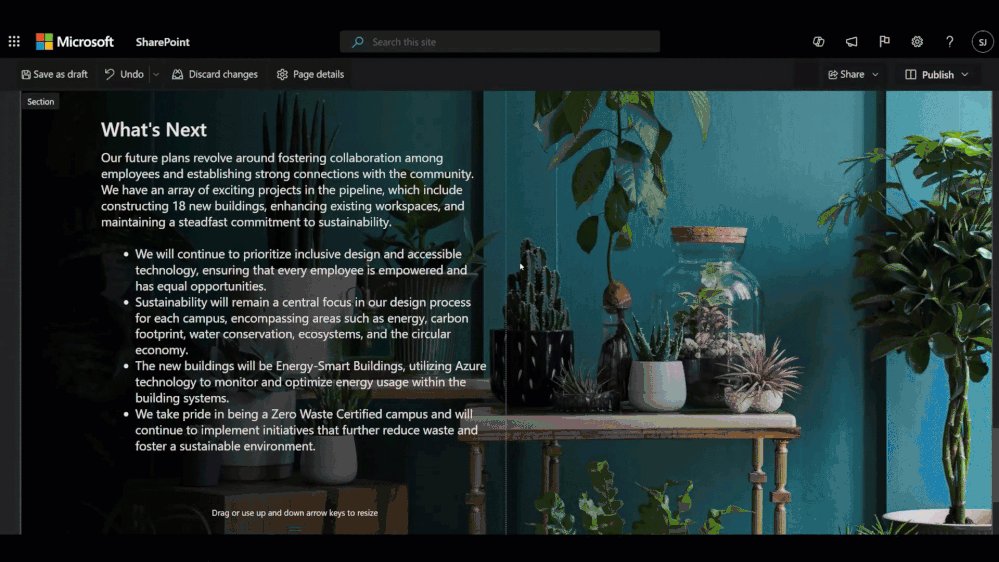 A computer screen showing prompts being written into Copilot within SharePoint, and clicking generate to create a new page.