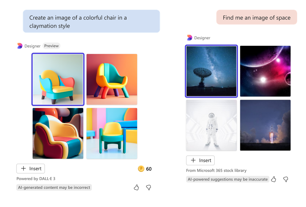 Two screenshots, the first says “Create an image of a colorful chair in a Claymation style”, the second says “find me an image of space”.