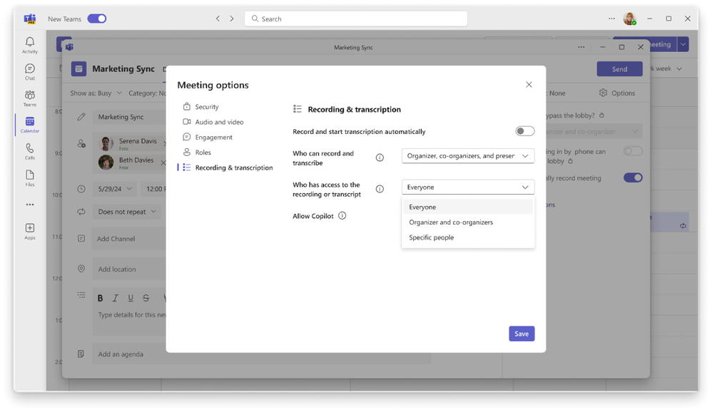 A computer screenshot displaying the recording and transcription meeting options in Microsoft Teams.