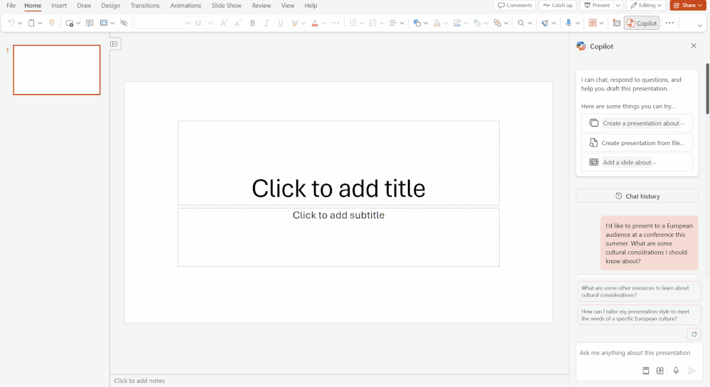 In a blank PowerPoint presentation, Copilot chat is open. A question was asked, and Copilot responded by pulling in information from both the company and the web and includes references for where the information was sourced.