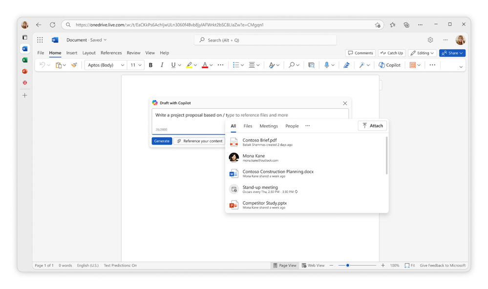An image of a blank Word document with a Draft with Copilot window open. The prompt says “Write a project proposal based on /” and a menu shows several reference options