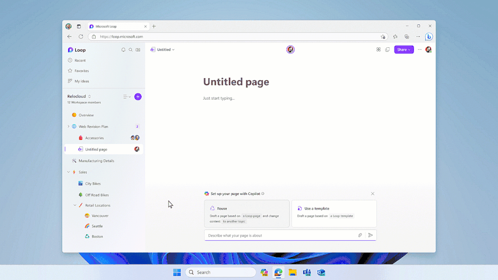 Text is entered in the Copilot prompt field in Microsoft Loop asking for a new page to be built based on an existing page. The new page is generated for the current topic.