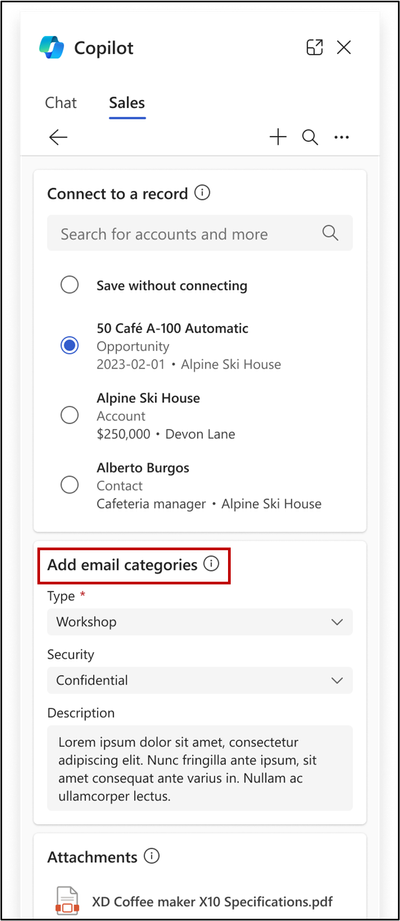 Screenshot showing the Add email categories option in Copilot for Sales.