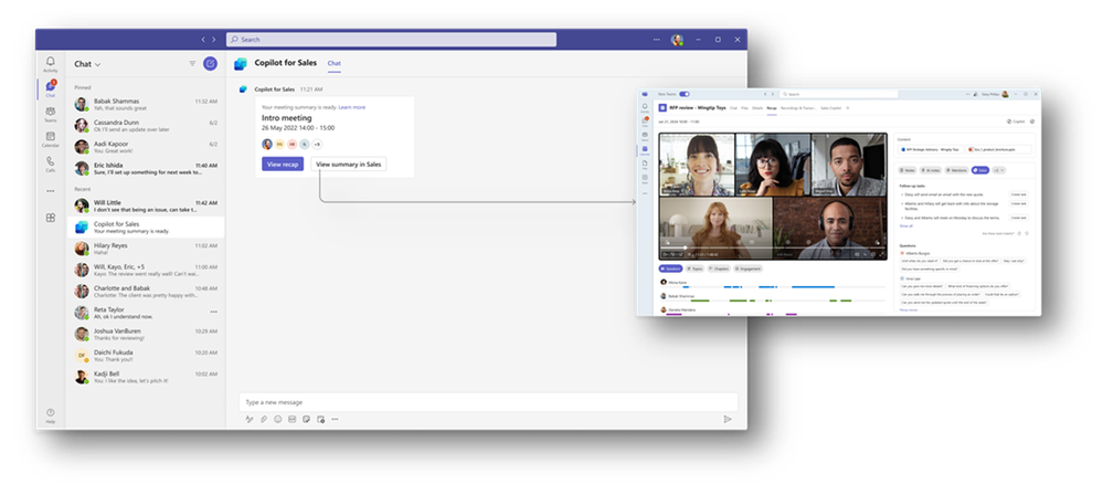 Screenshot of Teams showing the meeting summary ready notification and the sales meeting summary opened by selecting the View summary in Sales button.