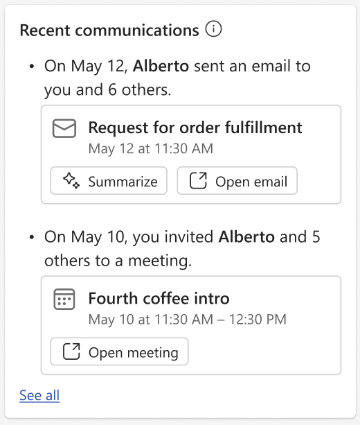 Screenshot of the Recent communications card.