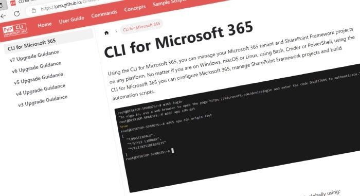 CLI for Microsoft 365 is a cross-platform command-line tool that allows you to manage your Microsoft 365 tenant and SharePoint Framework projects.