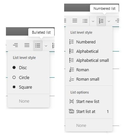 Two recent Text web part updates: Bulleted list style (left) and more lists level styles (right).
