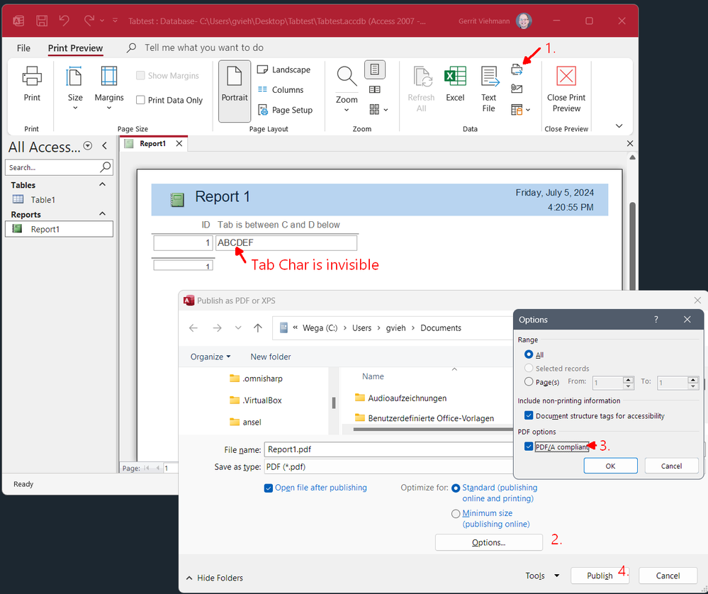 Export via "PDF or XPS" with PDF/A-compliant option set