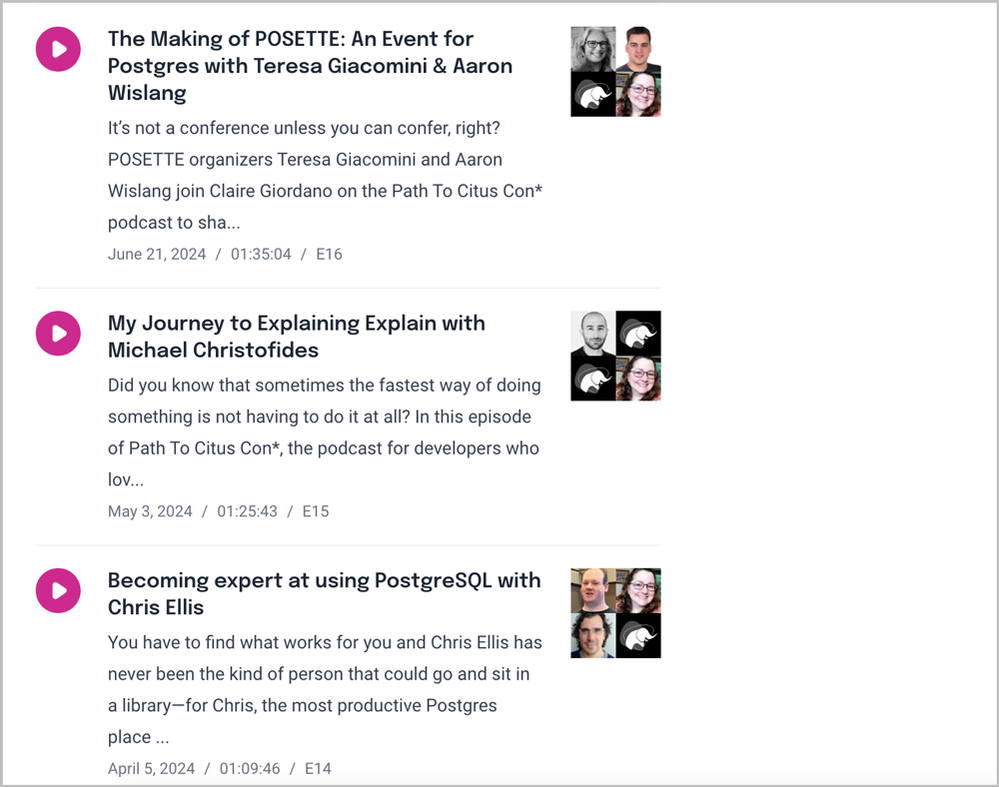 Figure 2: Screenshot of the Talking Postgres web page at talkingpostgres.com, showing the most recent 3 episodes.
