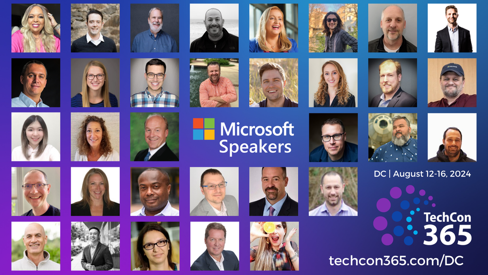 Join Microsoft, MVPs and the best community in tech for TechCon365 – D.C. | August 12-16, 2024 | TechCon365.com/DC. Graphic: A collage of all the Microsfot speakers presenting in Washington, D.C.