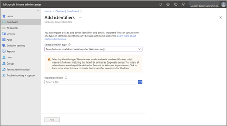A screen capture of adding a corporate identifier in the Intune admin center.