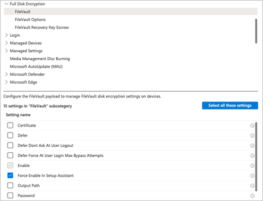 Screenshot of the FileVault settings in Settings Calalog in the Microsoft Intune admin center.