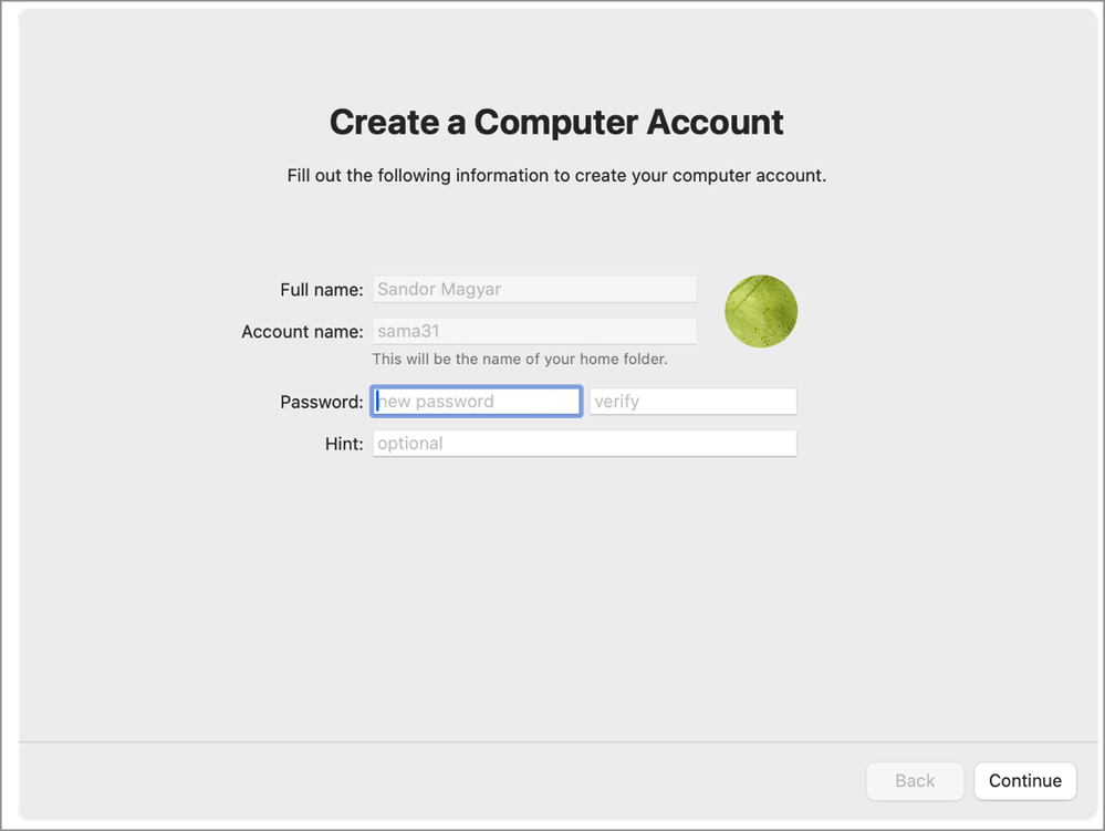 Screenshot of the 'Create a Computer Account' screen on a macOS device.