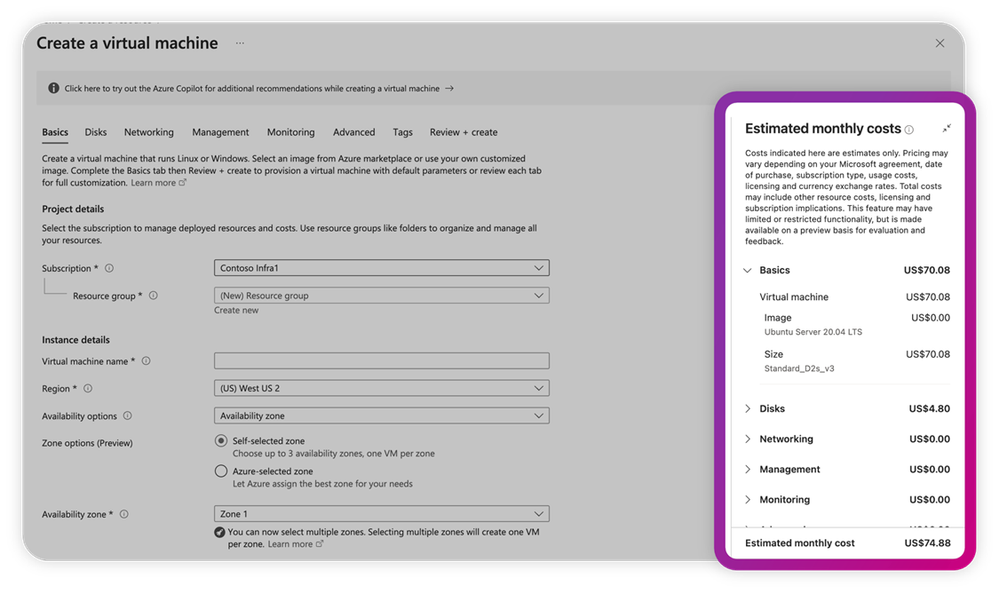 A screenshot of the Azure portal showing the Estimated monthly costs pane in the Create a virtual machine form
