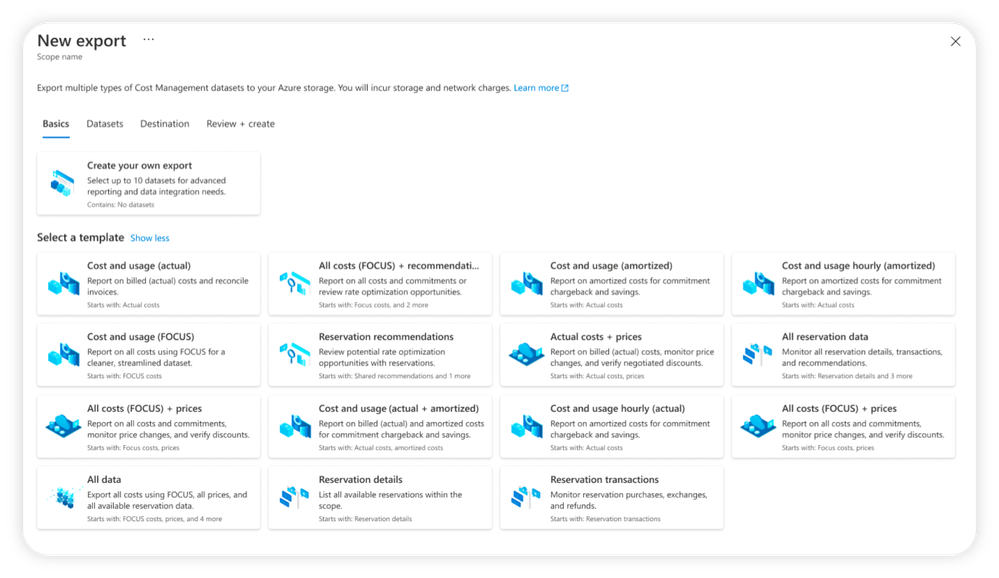 A screenshot of the Azure portal showing the New export screen with a list of templates to select
