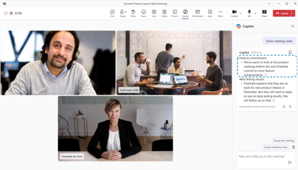 Results with speaker recognition: Individuals in the conference room, are each attributed in AI notes