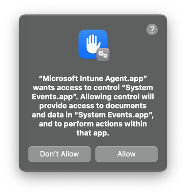 An image of the notification shown when Microsoft Intune agent requests access to control "System Events".
