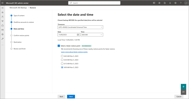 Microsoft 365 Backup screenshot from one of the steps on the Microsoft 365 admin center: Choose a recommended restore point from ‘Select a faster restore point’ which offers a faster restore compared to standard restore points.