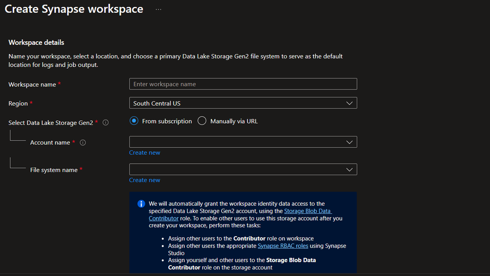 Creating a Synapse workspace - filling in details.