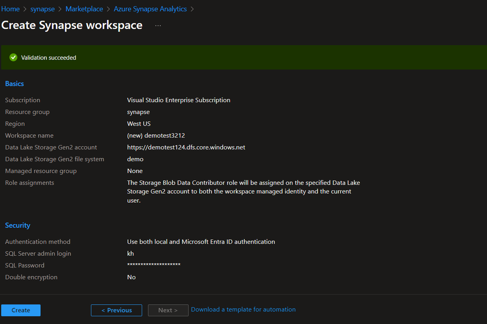 Validating the Synapse workspace.