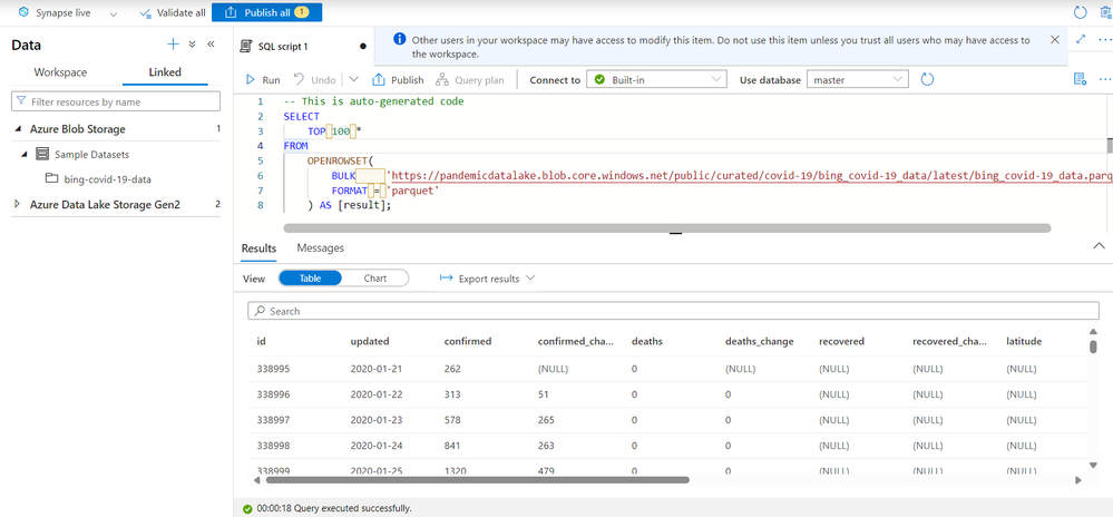 SQL editor in Synapse Studio.