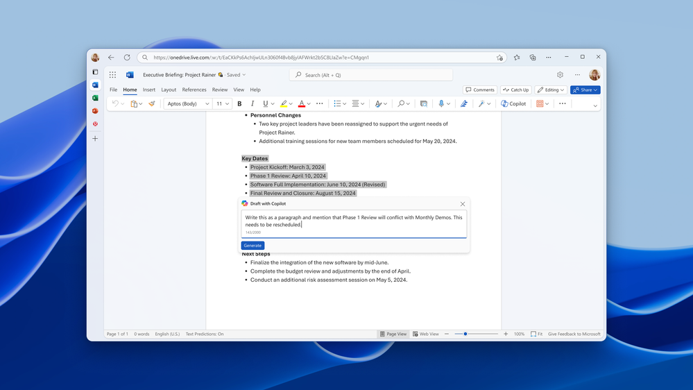 A computer screenshot showing a highlighted section of copy with a Draft with Copilot prompt window.
